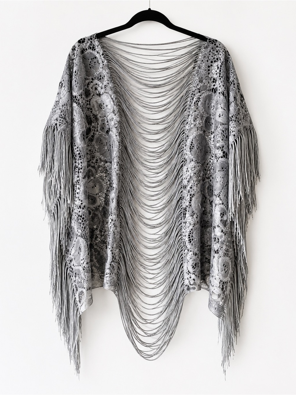 Paris One Size Silver Gray Fringed Crochet Kimono Cardigan